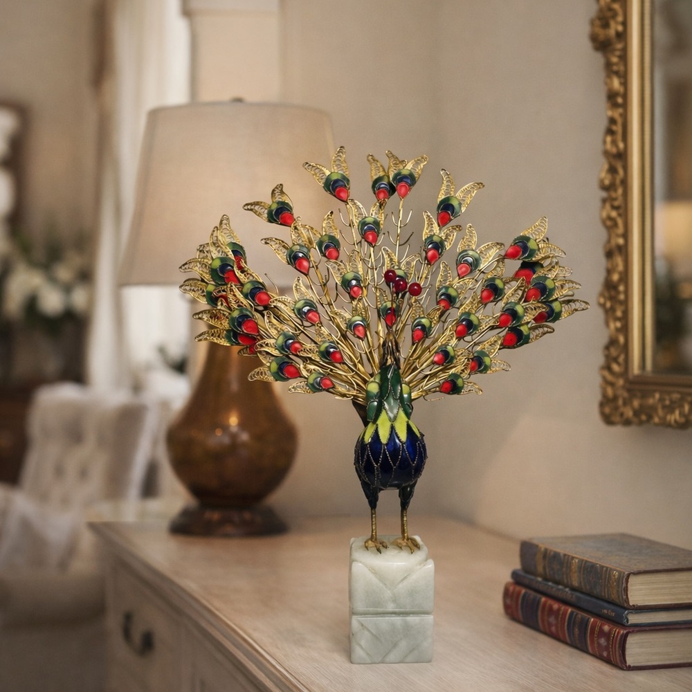 Colorful Enamel Peacock Figurine